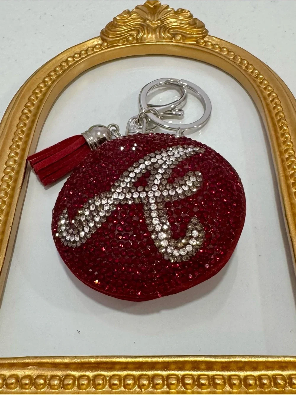 New Maroon Crystal Initial 'A' Keychain Charm with Tassel